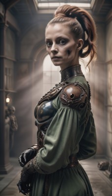 1girl,solo,long hair,looking at viewer,blue eyes,blonde hair,brown hair,gloves,long sleeves,dress,standing,ponytail,solo focus,indoors,armor,blurry,from side,lips,watermark,own hands together,web address,green dress,realistic,candle,statue,jewelry,makeup,facepaint,horror (theme)