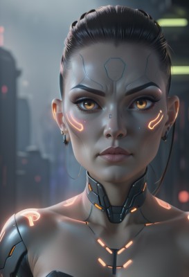 1girl,solo,looking at viewer,short hair,black hair,brown eyes,jewelry,closed mouth,collarbone,upper body,earrings,dark skin,blurry,dark-skinned female,lips,eyelashes,makeup,blurry background,piercing,ear piercing,portrait,close-up,freckles,science fiction,asymmetrical hair,nose,android,stud earrings,cable,undercut,cyborg,robot joints,cyberpunk,mechanical parts,breasts,medium breasts,yellow eyes,orange eyes,bodysuit,tattoo,glowing,expressionless,glowing eyes,forehead,eyeshadow,backlighting,realistic,eyeliner,very short hair,neon trim,hologram