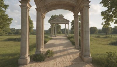 outdoors,sky,day,cloud,tree,blue sky,no humans,shadow,cloudy sky,grass,plant,nature,scenery,forest,road,bush,architecture,pillar,path,column,sunlight,stairs