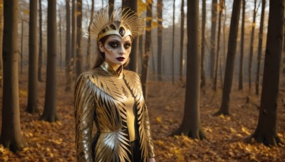 1girl,solo,long hair,looking at viewer,brown hair,long sleeves,dress,brown eyes,closed mouth,standing,outdoors,tree,lips,makeup,leaf,helmet,feathers,lipstick,nature,forest,realistic,arms at sides,red lips,autumn leaves,autumn,yellow eyes,upper body,headdress,gold