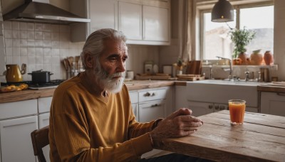 solo,blue eyes,shirt,long sleeves,1boy,sitting,closed mouth,upper body,white hair,grey hair,male focus,food,indoors,sweater,cup,window,facial hair,chair,table,plant,beard,plate,realistic,mustache,potted plant,lamp,old,old man,cooking,kitchen,frying pan,wrinkled skin,blurry,from side,fruit,scar,drinking glass,watch,tiles,bread,orange (fruit),counter