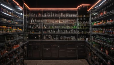 indoors,cup,no humans,bottle,scenery,alcohol,drinking glass,wine glass,stool,wine,shelf,wine bottle,bar (place),counter,ceiling light,food,box,can,light,dark,jar,shop,ceiling,refrigerator,cabinet,loaded interior