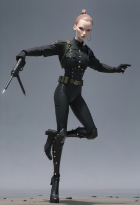 1girl,solo,breasts,looking at viewer,short hair,blonde hair,simple background,brown hair,shirt,gloves,long sleeves,holding,brown eyes,jewelry,medium breasts,standing,jacket,full body,ponytail,weapon,earrings,boots,black gloves,belt,pants,grey background,black footwear,holding weapon,uniform,high heels,black jacket,gun,military,bodysuit,makeup,black pants,leg up,single hair bun,standing on one leg,knee boots,knife,holding gun,high heel boots,pouch,hoop earrings,holding knife,leather,belt pouch,closed mouth,black eyes,lips,lipstick,handgun,police