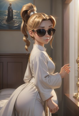 1girl,solo,long hair,breasts,looking at viewer,blonde hair,long sleeves,dress,jewelry,medium breasts,closed mouth,standing,ponytail,ass,earrings,looking back,pants,artist name,indoors,white dress,from side,lips,fingernails,bed,sunglasses,high ponytail,robe,white pants,nose,hair tie,white coat,statue,white robe,smile,blue eyes,brown hair,brown eyes,thick eyebrows,black-framed eyewear,tinted eyewear