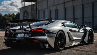 outdoors,sky,day,cloud,blurry,no humans,blurry background,shadow,ground vehicle,motor vehicle,car,road,vehicle focus,wheel,sports car,solo,tree