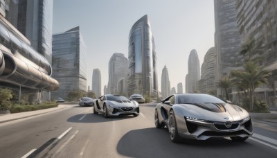 outdoors,sky,day,tree,no humans,shadow,ground vehicle,building,scenery,motor vehicle,city,palm tree,car,road,vehicle focus,street,skyscraper,sports car,science fiction,realistic,real world location