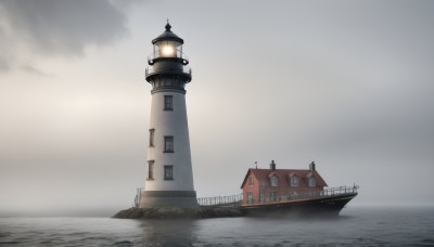 outdoors,sky,cloud,water,no humans,window,ocean,cloudy sky,building,scenery,watercraft,bridge,lamppost,tower,boat,fog,grey sky,horizon,lighthouse