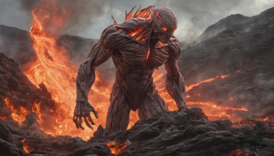 solo, 1boy, standing, outdoors, no humans, muscular, glowing, fire, glowing eyes, monster, mountain, alien, molten rock, kaijuu