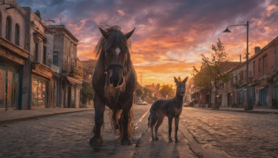 outdoors, sky, cloud, tree, no humans, animal, building, scenery, sunset, city, road, power lines, lamppost, horse, street, pavement, vanishing point