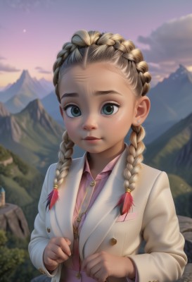 1girl,solo,long hair,looking at viewer,blue eyes,blonde hair,shirt,long sleeves,jewelry,closed mouth,green eyes,jacket,upper body,braid,earrings,outdoors,open clothes,sky,collared shirt,artist name,cloud,necklace,blurry,twin braids,lips,coat,buttons,depth of field,blurry background,white jacket,hair over shoulder,forehead,freckles,pink shirt,sunset,mountain,unbuttoned,female child,stud earrings,mountainous horizon,multiple braids,red hair,multicolored hair,signature,eyelashes,gradient hair,watermark,thick eyebrows,clenched hands,realistic,nose