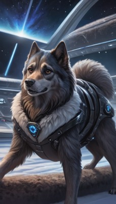 solo,looking at viewer,brown eyes,sky,teeth,no humans,animal,fangs,gem,star (sky),starry sky,science fiction,dog,realistic,space,animal focus,planet,earth (planet),shooting star,signature,wolf,spacecraft,laser