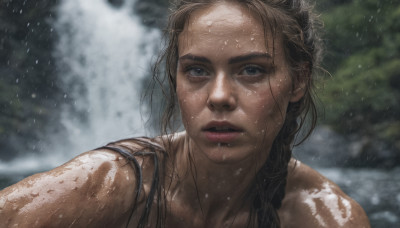 1girl, solo, long hair, looking at viewer, blue eyes, brown hair, black hair, braid, outdoors, parted lips, blurry, lips, wet, blurry background, thick eyebrows, messy hair, portrait, rain, realistic, wet hair