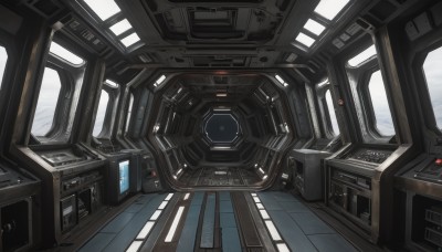 cloud,no humans,window,scenery,science fiction,cable,cockpit,indoors,realistic,monitor,spacecraft,screen