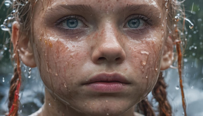 1girl, solo, looking at viewer, blue eyes, brown hair, closed mouth, braid, blurry, twin braids, lips, wet, eyelashes, portrait, close-up, freckles, rain, water drop, realistic, nose