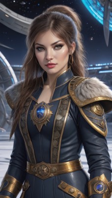 1girl,solo,long hair,breasts,looking at viewer,brown hair,long sleeves,brown eyes,jewelry,closed mouth,upper body,ponytail,earrings,belt,armor,lips,fur trim,makeup,lipstick,shoulder armor,star (sky),starry sky,freckles,science fiction,gold trim,hoop earrings,realistic,nose,red lips,space,planet,spacecraft,bangs,gloves,standing,artist name,bodysuit,gem