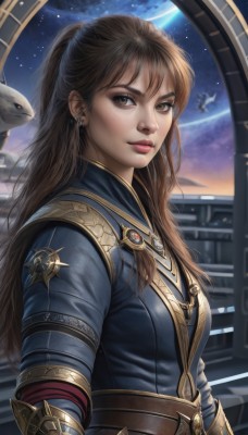 1girl,solo,long hair,breasts,looking at viewer,bangs,brown hair,brown eyes,jewelry,closed mouth,upper body,earrings,sky,belt,signature,armor,lips,makeup,moon,star (sky),half updo,starry sky,freckles,realistic,nose,space,planet,earth (planet),spacecraft,ponytail,night