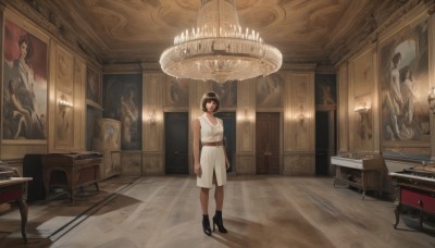 1girl,solo,looking at viewer,short hair,bangs,brown hair,black hair,dress,bare shoulders,brown eyes,closed mouth,standing,full body,boots,sleeveless,belt,indoors,black footwear,white dress,high heels,bare arms,sleeveless dress,chair,table,instrument,scenery,arms at sides,candle,wide shot,statue,painting (object),piano,ceiling light,chandelier,jewelry,door,tiles,tile floor,carpet