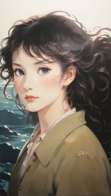 1girl,solo,long hair,looking at viewer,blush,shirt,black hair,closed mouth,jacket,white shirt,upper body,collared shirt,water,black eyes,from side,lips,looking to the side,grey eyes,eyelashes,buttons,floating hair,ocean,wavy hair,letterboxed,messy hair,curly hair,nose,bangs,blue eyes,outdoors,japanese clothes,makeup,beach,wind,portrait,brown jacket,red lips,waves