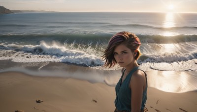 1girl,solo,looking at viewer,short hair,brown hair,shirt,bare shoulders,brown eyes,jewelry,closed mouth,upper body,multicolored hair,outdoors,sky,sleeveless,day,artist name,water,lips,sleeveless shirt,ocean,watermark,beach,sunlight,blue shirt,wind,scenery,web address,backlighting,sunset,realistic,nose,sand,sun,horizon,waves,shore,blue eyes,signature,footprints