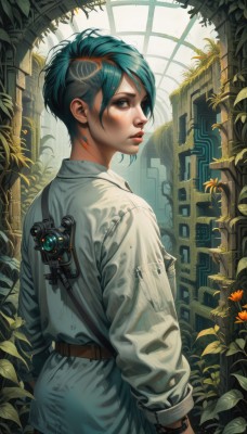 1girl,solo,looking at viewer,short hair,shirt,hair ornament,long sleeves,brown eyes,jewelry,blue hair,standing,white shirt,ass,flower,cowboy shot,parted lips,green hair,belt,looking back,from behind,bracelet,lips,aqua hair,leaf,plant,freckles,science fiction,realistic,nose,blue eyes,camera,cyberpunk,overgrown