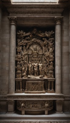 solo,monochrome,multiple boys,indoors,no humans,window,scenery,robe,stairs,architecture,sepia,pillar,statue,arch,column,sitting,sunlight,light rays,throne