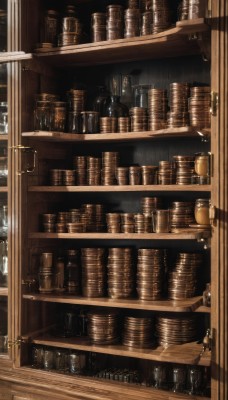 indoors,cup,book,no humans,window,bottle,scenery,rain,wooden floor,bookshelf,shelf,jar,bar (place),still life,wooden wall,artist name,signature