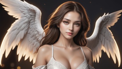 1girl,solo,long hair,breasts,looking at viewer,large breasts,simple background,brown hair,cleavage,bare shoulders,brown eyes,medium breasts,closed mouth,underwear,collarbone,upper body,wings,bra,white dress,lips,eyelashes,black background,feathered wings,white bra,angel wings,realistic,nose,white wings,angel