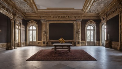 flower,indoors,no humans,window,table,sunlight,scenery,stairs,yellow flower,door,candle,architecture,tile floor,pillar,vase,carpet,church,candlestand,reflective floor,chandelier,day,chair,wooden floor,tiles,throne,painting (object),still life