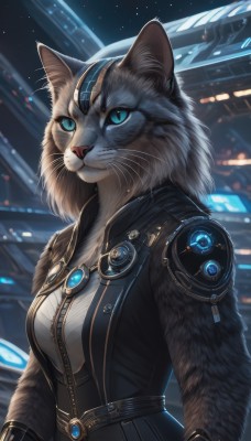 1girl,solo,breasts,blue eyes,animal ears,jewelry,medium breasts,closed mouth,jacket,upper body,outdoors,sky,belt,artist name,cat ears,signature,blurry,black jacket,night,cat,slit pupils,star (sky),furry,zipper,colored sclera,science fiction,furry female,animal nose,whiskers,blue sclera,aqua eyes,blurry background,animal,gem,starry sky