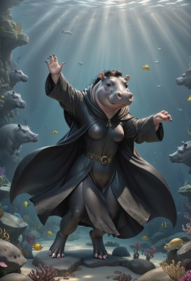 1girl,solo,breasts,looking at viewer,long sleeves,dress,animal ears,medium breasts,closed mouth,nipples,standing,full body,small breasts,barefoot,belt,artist name,wide sleeves,water,cape,black eyes,black dress,animal,sunlight,outstretched arms,claws,furry,fish,robe,light rays,rock,underwater,furry female,air bubble,sunbeam,animal nose,whiskers,starfish,snout,swimming,turtle,coral,black hair,hood,nail polish,colored skin,watermark,genderswap,black nails,genderswap (mtf)