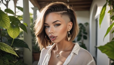 1girl,solo,looking at viewer,short hair,brown hair,shirt,black hair,brown eyes,jewelry,collarbone,white shirt,upper body,earrings,teeth,day,tongue,collared shirt,indoors,dark skin,tongue out,medium hair,necklace,blurry,dark-skinned female,lips,eyelashes,makeup,depth of field,blurry background,leaf,piercing,cross,plant,ear piercing,portrait,hoop earrings,realistic,nose,undercut,cross necklace,tongue piercing,eyebrow piercing,breasts,cleavage,parted lips,mole,sunlight