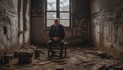 solo,short hair,shirt,long sleeves,1boy,jewelry,sitting,closed mouth,jacket,full body,closed eyes,white hair,male focus,shoes,pants,indoors,necklace,black footwear,tree,window,facial hair,scar,chair,black pants,own hands together,cross,scar on face,ruins,old,old man,rubble,cracked wall,broken window,japanese clothes,scenery,bald,bare tree