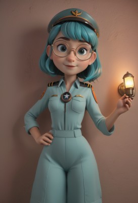 1girl,solo,breasts,looking at viewer,smile,short hair,bangs,blue eyes,shirt,long sleeves,hat,holding,closed mouth,blue hair,standing,cowboy shot,small breasts,glasses,pants,uniform,aqua eyes,lips,hand on hip,military,aqua hair,military uniform,thick eyebrows,blue shirt,blue headwear,brown background,pocket,military hat,lantern,round eyewear,lamp,breast pocket,badge,humanization,light bulb,parted lips,green hair,freckles,jumpsuit