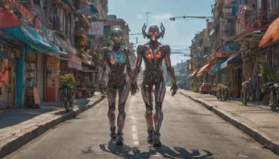 outdoors, multiple boys, sky, day, glowing, holding hands, robot, ground vehicle, building, glowing eyes, motor vehicle, walking, science fiction, city, sign, car, road, power lines, street, cyberpunk, traffic light, vanishing point