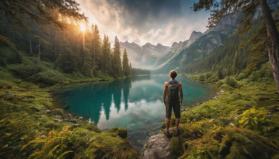 solo, brown hair, 1boy, standing, male focus, outdoors, sky, cloud, water, bag, from behind, tree, sunlight, backpack, nature, scenery, forest, mountain, landscape