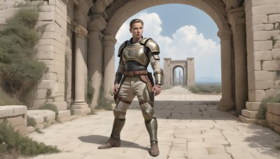 solo,looking at viewer,short hair,brown hair,1boy,brown eyes,standing,full body,male focus,boots,outdoors,sky,day,belt,pants,cloud,armor,tree,blue sky,facial hair,shoulder armor,beard,pauldrons,breastplate,arms at sides,long sleeves,weapon,shadow,brown footwear,cloudy sky,grass,realistic,vambraces,brown belt,knee pads,greaves,brown pants,ruins,shoulder pads,pillar,arch,chainmail