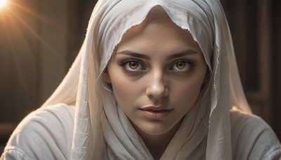 1girl,solo,looking at viewer,brown hair,brown eyes,parted lips,indoors,blurry,lips,eyelashes,depth of field,blurry background,sunlight,portrait,veil,close-up,freckles,realistic,nose,closed mouth,hood,light rays