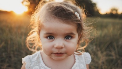 1girl,solo,looking at viewer,short hair,brown hair,hair ornament,dress,brown eyes,closed mouth,upper body,flower,sleeveless,hair flower,blurry,black eyes,lips,grass,wind,child,portrait,realistic,female child,blonde hair