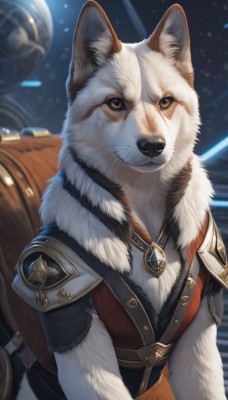 solo,looking at viewer,brown eyes,jewelry,yellow eyes,upper body,signature,necklace,armor,no humans,animal,scar,cat,shoulder armor,gem,pendant,dog,space,animal focus,white fur,planet,whiskers,clothed animal,closed mouth,artist name,blurry,fur trim,blurry background,fur collar