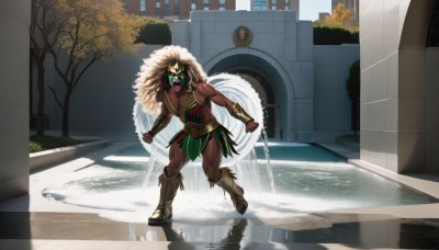 solo,long hair,looking at viewer,open mouth,blonde hair,1boy,jewelry,green eyes,full body,yellow eyes,male focus,boots,outdoors,teeth,dark skin,water,cape,tree,mask,muscular,glowing,fangs,abs,dark-skinned male,muscular male,building,glowing eyes,clenched hands,running,muscular female,bracer,loincloth,fountain,1girl,armor,fur trim,vambraces,facepaint,forehead jewel,puddle