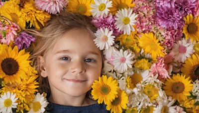 1girl,solo,looking at viewer,smile,short hair,blue eyes,blonde hair,brown hair,closed mouth,flower,lying,artist name,on back,lips,white flower,portrait,pink flower,realistic,yellow flower,purple flower,sunflower,old,daisy,old woman,1boy,male focus