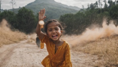 1girl,solo,smile,short hair,open mouth,brown hair,black hair,1boy,jewelry,closed eyes,upper body,male focus,earrings,outdoors,teeth,day,hand up,dark skin,blurry,arm up,dark-skinned female,tree,depth of field,blurry background,sharp teeth,child,nature,facing viewer,snow,mountain,realistic,female child,male child,dust,shirt,parody,dark-skinned male,dirty,horror (theme),screaming