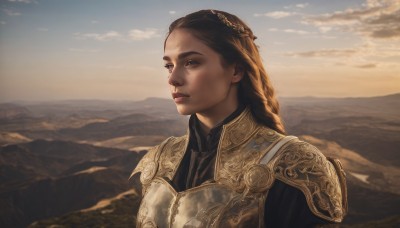 1girl,solo,long hair,blonde hair,brown hair,brown eyes,closed mouth,upper body,braid,outdoors,sky,cloud,armor,lips,looking to the side,single braid,looking away,shoulder armor,pauldrons,breastplate,mountain,realistic,nose,looking afar,mountainous horizon,day,cloudy sky,scenery