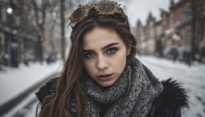 1girl,solo,long hair,looking at viewer,blue eyes,brown hair,closed mouth,upper body,outdoors,scarf,blurry,tree,lips,coat,grey eyes,depth of field,blurry background,sunglasses,goggles,portrait,eyewear on head,snow,freckles,goggles on head,snowing,realistic,nose,winter clothes,road,winter,brown-framed eyewear,aviator sunglasses,day,fur trim,thick eyebrows