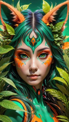 1girl,solo,long hair,looking at viewer,bangs,hair ornament,animal ears,closed mouth,green eyes,upper body,green hair,artist name,lips,fox ears,eyelashes,aqua hair,bodysuit,makeup,leaf,watermark,facial mark,plant,lipstick,portrait,web address,eyeshadow,freckles,green background,nose,eyeliner,facepaint,mascara,hair flower