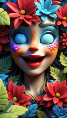 1girl,solo,long hair,looking at viewer,blush,smile,open mouth,blue eyes,black hair,hair ornament,flower,hair flower,lips,blood,makeup,glowing,leaf,lipstick,red flower,portrait,glowing eyes,blue flower,red lips,facepaint,no pupils,horror (theme),eyelashes,bug,freckles