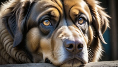 HQ,solo,looking at viewer,brown eyes,closed mouth,yellow eyes,blurry,no humans,animal,cat,portrait,close-up,realistic,animal focus,whiskers,eye focus,artist name,signature,book,dog,open book