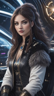 1girl,solo,long hair,breasts,looking at viewer,brown hair,gloves,long sleeves,cleavage,brown eyes,jewelry,medium breasts,sitting,jacket,upper body,ponytail,earrings,black gloves,belt,necklace,vest,lips,fur trim,makeup,wavy hair,pendant,realistic,nose,red lips,bangs,closed mouth,open clothes,parted bangs,science fiction