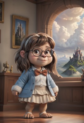 1girl,solo,long hair,looking at viewer,smile,skirt,brown hair,shirt,long sleeves,bow,brown eyes,closed mouth,standing,jacket,full body,white shirt,hairband,outdoors,open clothes,sky,glasses,day,artist name,cloud,indoors,bowtie,medium hair,red bow,blue sky,fur trim,window,cloudy sky,blue jacket,red bowtie,child,furry,black-framed eyewear,furry female,female child,castle,blue coat,picture frame,painting (object),blush,tree,white skirt,mountain,round eyewear