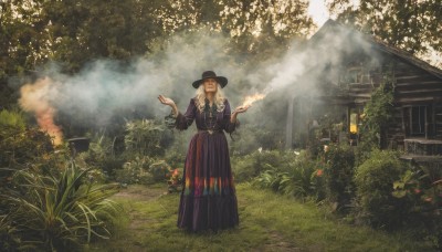 1girl,solo,long hair,smile,blonde hair,long sleeves,hat,dress,jewelry,standing,closed eyes,flower,outdoors,day,belt,necklace,black dress,tree,black headwear,sunlight,grass,fire,plant,building,nature,scenery,smoke,lantern,house,holding,closed mouth,full body,white hair,smoking,bush,architecture,smoking pipe,east asian architecture,fog,garden,traditional clothes